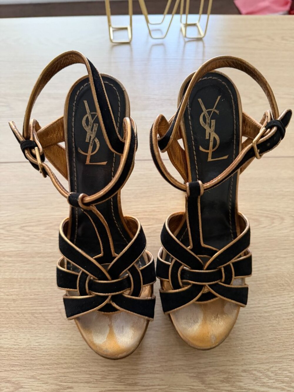 Yves Saint Laurent YSL Tribute Black & Gold Suede Platform Heels EU 37
